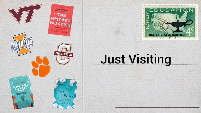 A postcard with several Higher Education institutions' logos and three books by John Warner.
