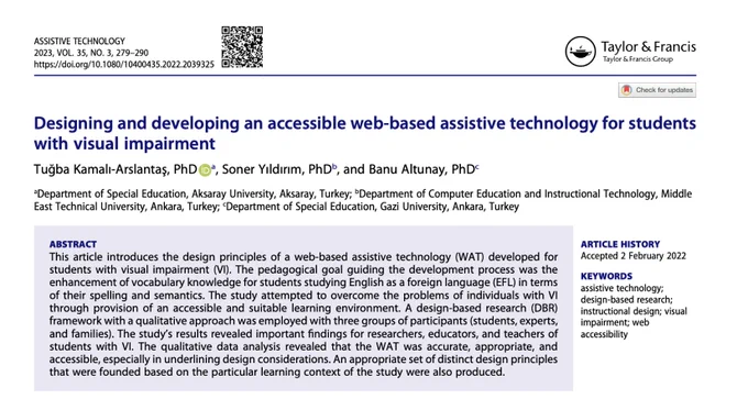 Image contains journal indexing information, abstract, author details, and keywords for Assistive Technology article: "Designing and developing an accessible web-based assistive technology for students with visual impairment."