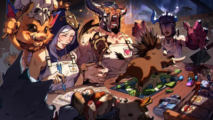Ashe, Tryndamere, and Sejuani are gathered around a kitchen table wearing aprons as they cook. A boar stands on the table, with a comical, startled look on its face. Gnar climbs over Ashe's shoulder to get a better view. Cooking ingredients and Freljord items are scattered across the table. Art is by community artist @artbynips.
