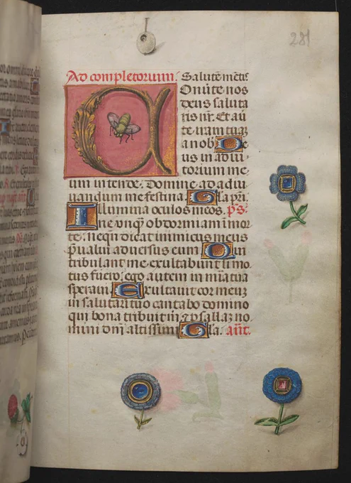 Manuscript page with a decorated initial A, a bee, and three marginal plants with decorative jewels instead of flowers.
