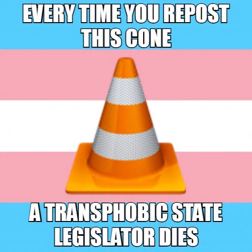 A photo of the VLC cone logo with a trans flag background, and this text overlayed:

“Every time you repost this cone

A transphobic state legislator dies”