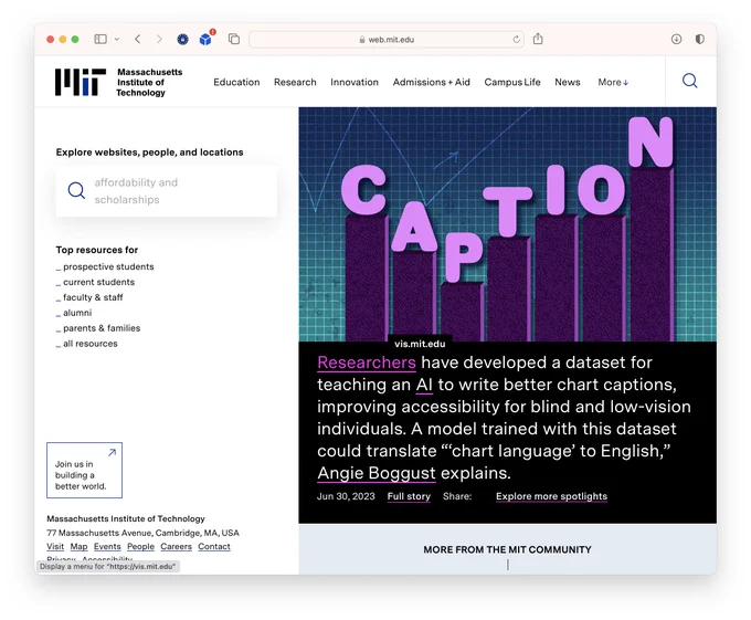 A screenshot of the homepage of mit.edu that features a two column layout: a sidebar on the left hand side (with a search box and links to top resources), and then the main feature on the right hand side. This feature includes an image of a bar chart (where each bar is labeled with one letter from the word "caption"). Underneath the image is text that reads "Researchers have developed a dataset for teaching an AI to write better chart captions, improving accessibility for blind and low-vision individuals. A model trained with this dataset could translate “‘chart language’ to English,” Angie Boggust explains."