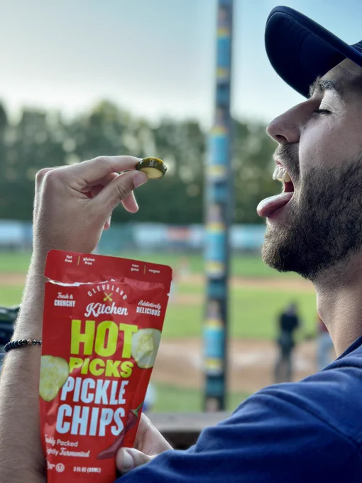 JT about to enjoy the Hot Picks Pickle Chips from Cleveland Kitchen