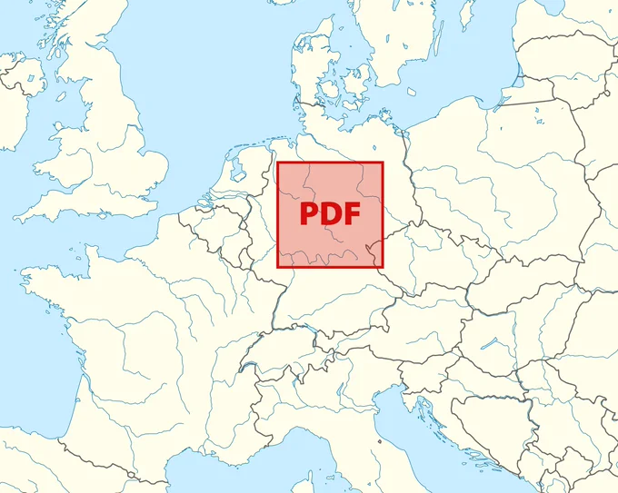 Map of Europe overlaid with the maximum size of a PDF
