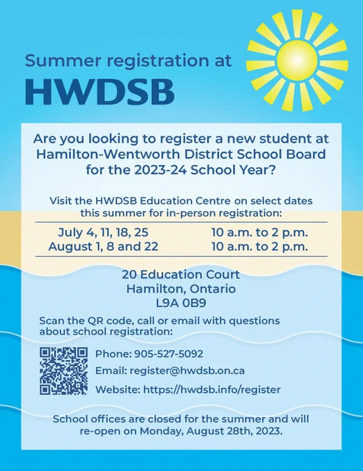 Poster with HWDSB summer registration information