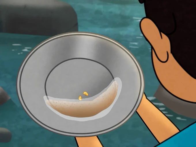 Tooey shows two flecks of gold inside a silver tin. It was sifted from the creek below.