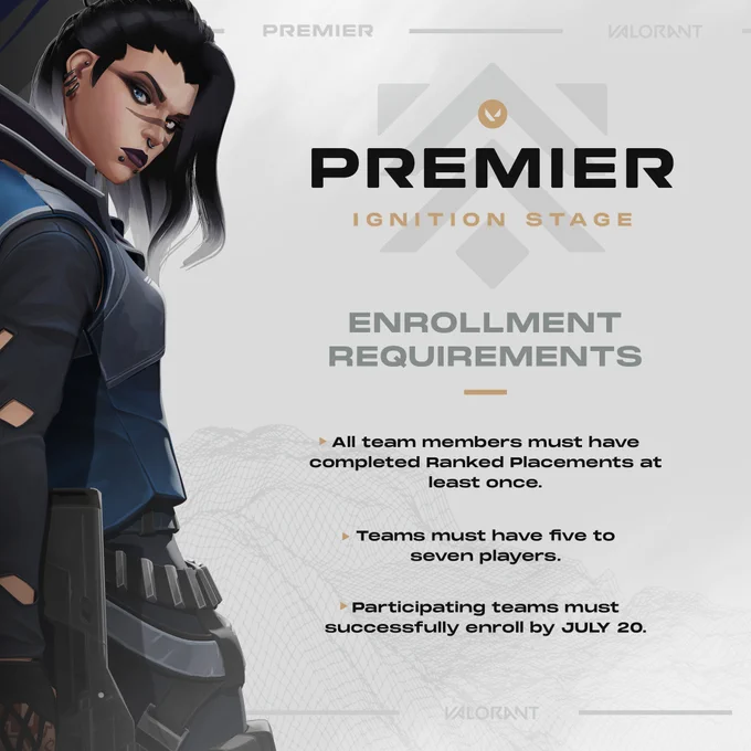 Fade is looking to her right while holding a weapon in her right hand. To her right is text: "Premier. Ignition Stage. Enrollment Requirements", followed by three requirements: "All team members must have completed Ranked Placements at least once.", "Teams must have five to seven players.", and "Participating teams must successfully enroll by July 20."