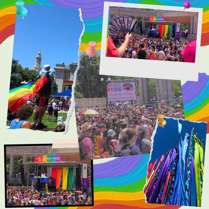 A graphic of a combination of 5 strewn polaroids and aesthetically torn photographs all containing stills from the June 2023 Denver Pride Parade and subsequent celebrations. There are pictures of live events, lively crowds, iconic Denver monuments outfitted with rainbow makeovers, and more. The pictures are noticeably warm and vibrant with color. They seem to be resting atop a light minty green background and the same rainbow brush strokes from the previous graphic.