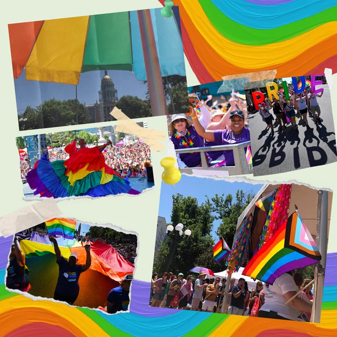 A graphic of a combination of 6 strewn polaroids and aesthetically torn photographs all containing stills from the June 2023 Denver Pride Parade and subsequent celebrations. There are pictures of live events, lively crowds, iconic Denver monuments outfitted with rainbow makeovers, and more. The pictures are noticeably warm and vibrant with color. They seem to be resting atop a light minty green background and the same rainbow brush strokes from the previous graphic.