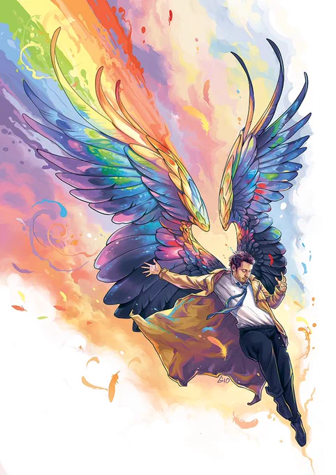 Painting of Cas with rainbow wings by @Gio_Gui.