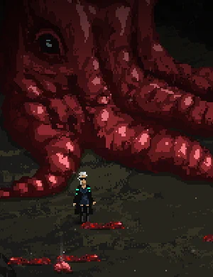 Screenshot of a scene in the game Death Trash. In front of the Flesh Kraken stands a person with white hair wearing dark clothes and sunglasses.