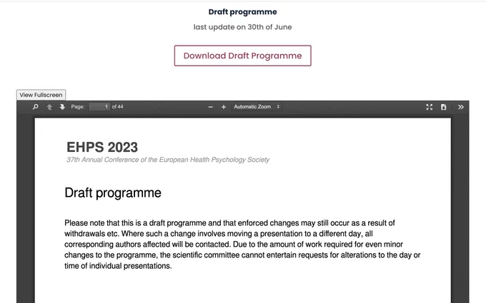 Picture of website (https://2023.ehps.net/program/) with pdf of draft conference programme