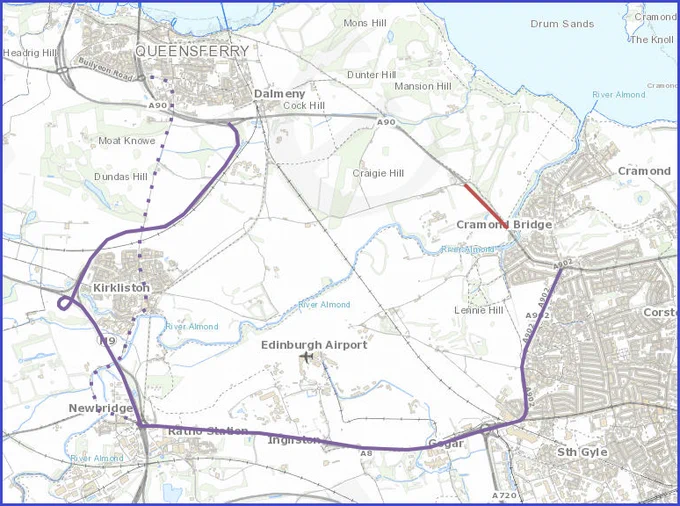 map image of north and west Edinburgh. A red line shows the extent of the road closure on the A90 between Cramond brig and Burnshot.
A solid purple line shows the diversion via Maybury Road - A8 - M9 - M90. 
A dotted purple line shows the non-motorway traffic route from A8 - A89 - B800 through Kirkliston to Queensferry. 