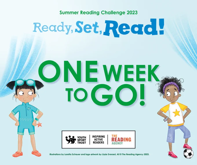 Blue graphic with illustrated children on each side, and 'One week to go!' in the middle. Ready Set Read title and logo at the top and bottom.
