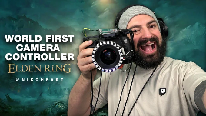 Nikoheart is presenting his new unconventional controller, the Canon 5D Mark 3 as a game controller, with an LED ring on the front of it to add more quality and pizzaz to the final build, all whilst against a background image of Elden Ring key art.

In the text field, it reads, World First Camera Controller Elden Ring with a image of the Twitch logo indicating it's directing to Nikoheart's Twitch channel