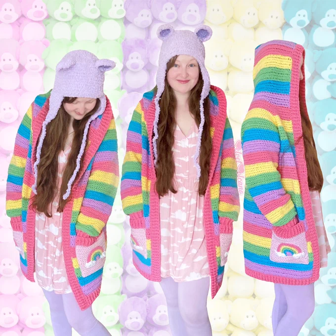 Tamsyn is shown in 3 different poses wearing a pastel rainbow striped hooded crochet cardigan with rainbow cloud pockets, a baby pink cloud print dress, lilac leggings and a lilac fuzzy bear earflap hat. The background has pink, green, yellow, purple and turquoise teddy bears.