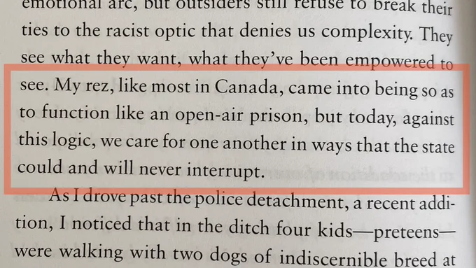Selected passage from Billy-Ray Belcourt’s A Minor Chorus reads: My rez, like most in Canada, came into being so as to function like an open-air prison, but today, against this logic, we care for one another in ways that the state could and will never interrupt.