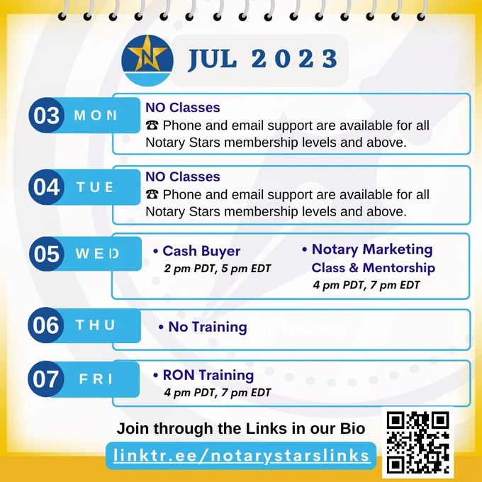 Please take note regular online notary classes will resume on Wednesday. www.notarystars.com