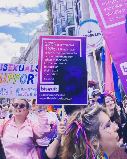Crowd of people, with placard: “27% of bi women and 18% of bu men have experienced discrimination or poor treatment from others in their local LGBT community because of their sexual orientation”