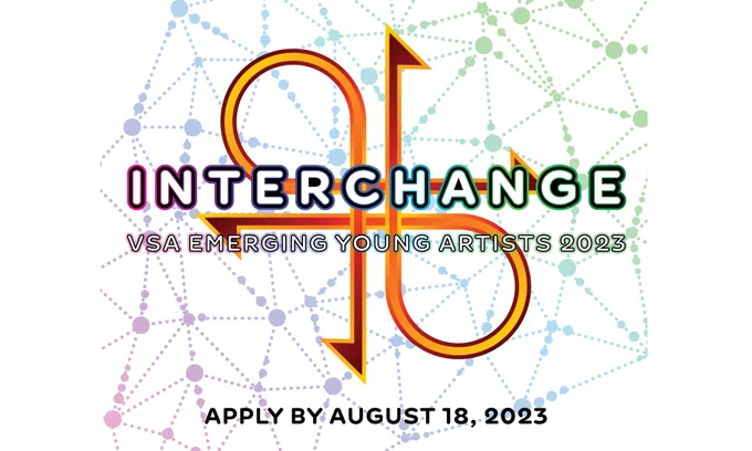 Logo for Interchange with the text "Interchange VSA Emerging Young Artists 2023. Apply by August 18, 2023."