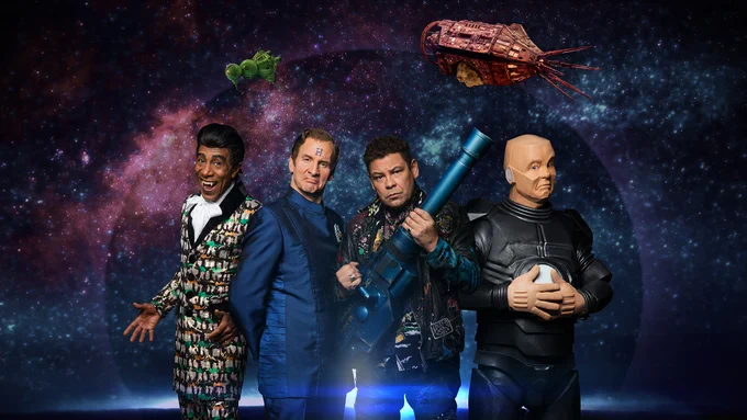 Danny John-Jules as Cat, Chris Barrie as Rimmer, Craig Charles as Lister, and Robert Llewellyn as Kryten