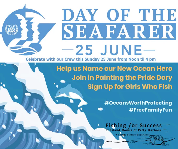 Poster shows waves with a dolphin jumping over them - Day of the Seafarer 25 June - Celebrate with our crew this Sunday 25 June from noon til 4 pm. #OceansWorthProtecting #FreeFamilyFun Provided by Fishing for Success