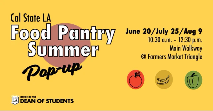 An apple, bananas, a green bell pepper. Cal State LA Food Pantry Summer Pop-Up, June 20, July 25, Aug 9, 10:30 a.m. – 12:30 p.m., Main Walkway, Farmers Market Triangle, Cal State LA Office of the Dean of Students.