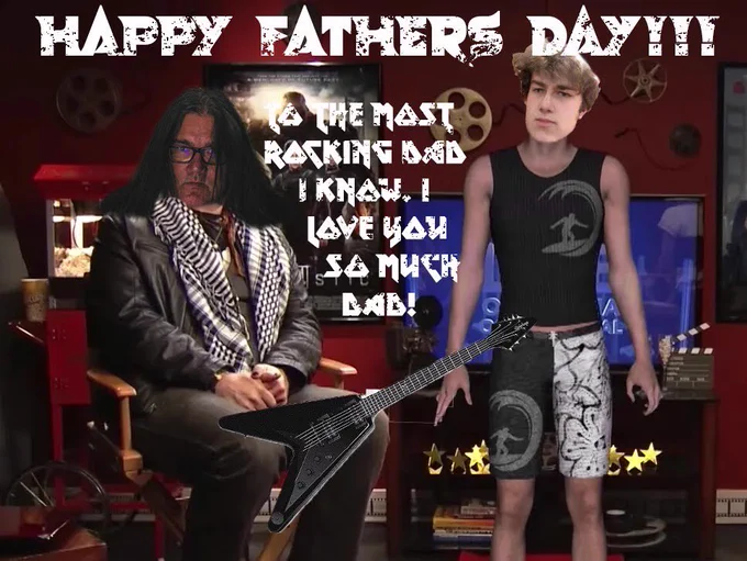 On Cinema based photo card - text reads “Happy Father’s Day to the most rocking Dad I know. I love you so much Dad!” Brian’s face superimposed over Tim Heidecker in Dekkar mode, Harry’s face over the hologram of Tom Cruise Jr (RIP).