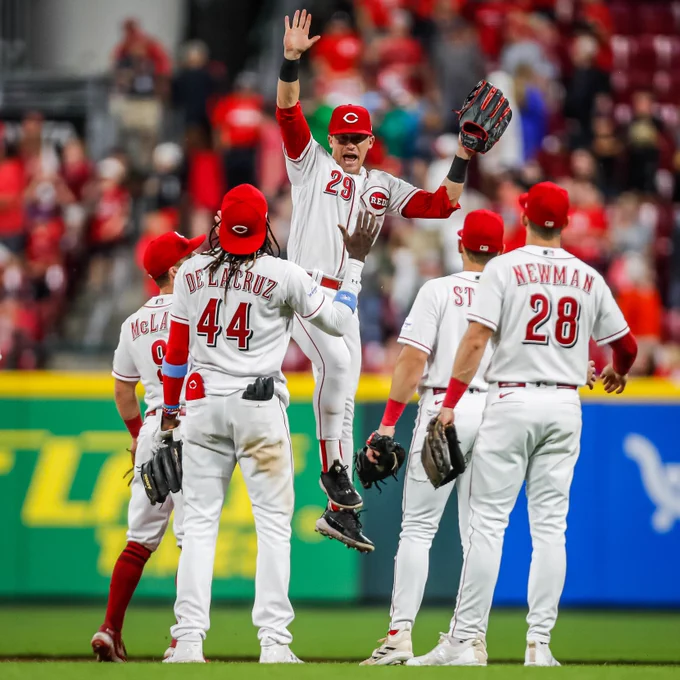 TJ Friedl jumping in the air after the Reds win their 9th in a row. 