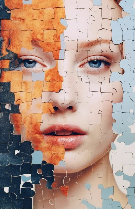 Prompt: a girl with pictures on , in the style of deconstructed pop, exaggerated facial features, multilayered, ren hang, fragmented icons, life-size figures --ar 11:17 --s 750 --v 5.1