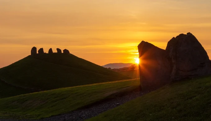 Sunrise over the structures at Crawick Multiverse