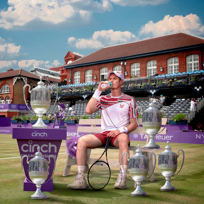 Graphic showing Andy Murray alongside 5 cinch Championships trophies to indicate the 5 times he has won the singles title at the event