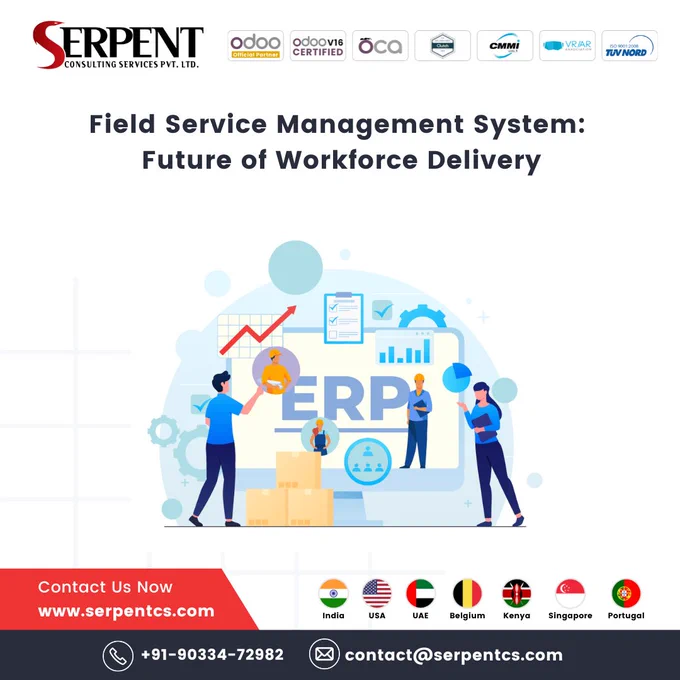 🧑‍🔧Field Service Management System: future of Workforce delivery!
🔧 Are you a company providing field services and looking for an innovative solution for management of your operations? SerpentCS Field Service software system to manages On-field Serviceman or contractors who are sent outside company premises to install, maintain or repair equipment, systems or assets. With this solution managers can keep track of field resources and coordinate the work of field service practitioners who deliver skilled, specialized or proprietary services to clients.

Contact us for free demo for the solution:

🌐 Website: https://bit.ly/field-service-management-software
✉️ Mail your requirement: contact@serpentcs.com

#FSMSoftware #FieldServiceManagement #ServiceSoftware #FieldTechs #MobileWorkforce #ServiceAutomation #FieldOperations #EfficientFieldService #FieldServiceSolutions #OnsiteSupport #WorkforceEmpowerment #erpsoftware