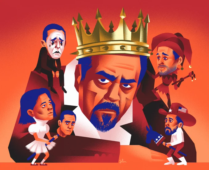 Illustration of worried logan roy as a mountain with a shaky crown on his head. His 4 children and Tom as a horse-toy that Shiv rides are all over him. Kendall is Pierrot, Roman is jester, Shiv is a princess-bride and Connor is a republican cowboy. Everything is in bold blue-orange-red color palette, looking hellish. Only the crown is golden.
