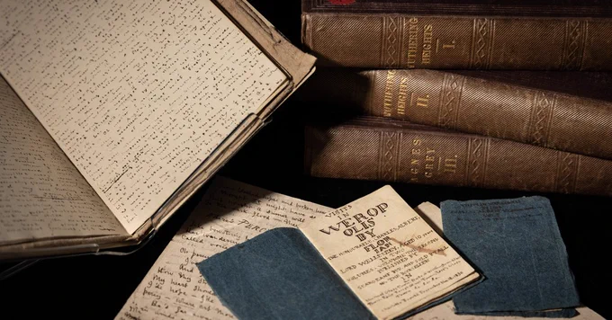 A selection of books and letters on black background, including a stack of three brown volumes, an open book on a stand, and a tiny open book with a blue cover.
