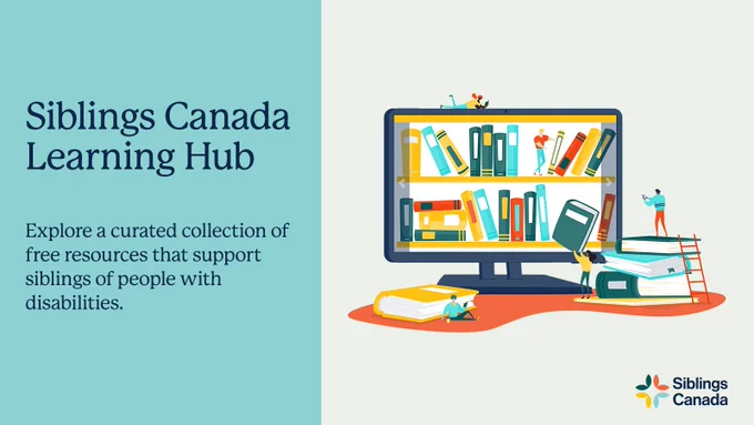 Blue background with an illustration of a computer monitor screen displaying two shelves filled with books. Beside the monitor is a stack of books. Miniature people are lounging around reading and putting books on the virtual bookshelf. With text: Siblings Canada Learning Hub. Explore a curated collection of free resources that support siblings of people with disabilities. 