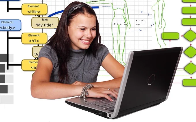 Young girl on a laptop. The background shows examples of code and website structure. Image by Gerd Altmann from Pixabay.