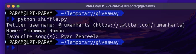 The Python code output that decided the winner for the giveaway