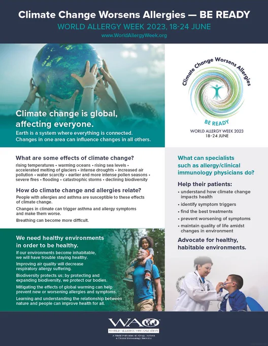 Professor Bryan L. Martin, President of the World Allergy Organization (WAO), warmly welcomes you to World Allergy Week 2023 (18-24 June).

Each year, WAO selects a disease topic that has a need for greater attention and provides physicians and the general public with a webinar, infographic, and additional information to educate and spread awareness on the topic.

This year the focus is on managing allergic diseases amidst environmental changes.

Read more at https://tinyurl.com/2hp6aw77
