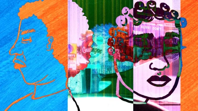 Image credit: Jessica Ashman, Utopia Portals, 2022

Alt text: A hand drawn frame from an animated video shows the heads of a Black man and woman outlined over layers of photographic and painted materials in vivid colours.
