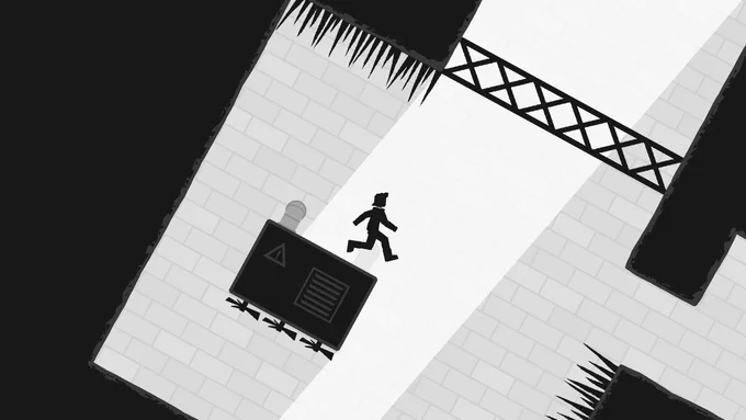 A screenshot of the new Rotate game, showing the player rotating in a gritty industrial environment. The new game no longer uses pixel art.
