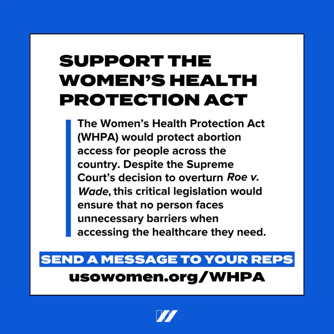 Second slide has a white text box with large black text that says, “Support the Women’s Health Protection Act” Below there is small black text that says, “The Women’s Health Protection Act (WHPA) would protect abortion access for people across the country. Despite the Supreme Court’s decision to overturn Roe v. Wade, this critical legislation would ensure that no person faces unnecessary barriers when accessing the healthcare they need.” Below it says, “Send a message to your reps” in white text highlighted blue and “usowomen dot org slash w h p a” in black text. There is a white “w” USOW logo in the bottom center.