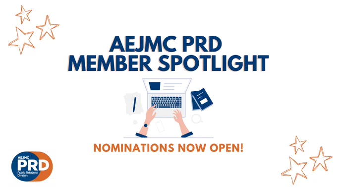 AEJMC PRD MEMBER SPOTLIGHT. NOMINATIONS NOW OPEN! Decorative stars and laptop.
