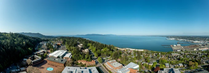 Panoramic, Birds Eye view of Western's campus and the surrounding Bellingham area, including Bellingham Bay