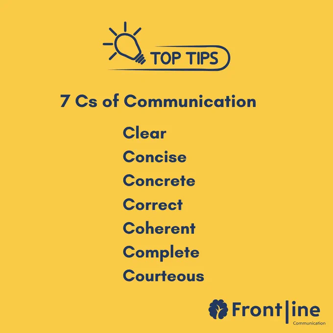 7 Cs of communication: Clear, concise, concrete, correct, coherent, complete, courteous