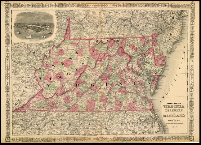 1860's map of Virginia, West Virginia, Delaware and Maryland