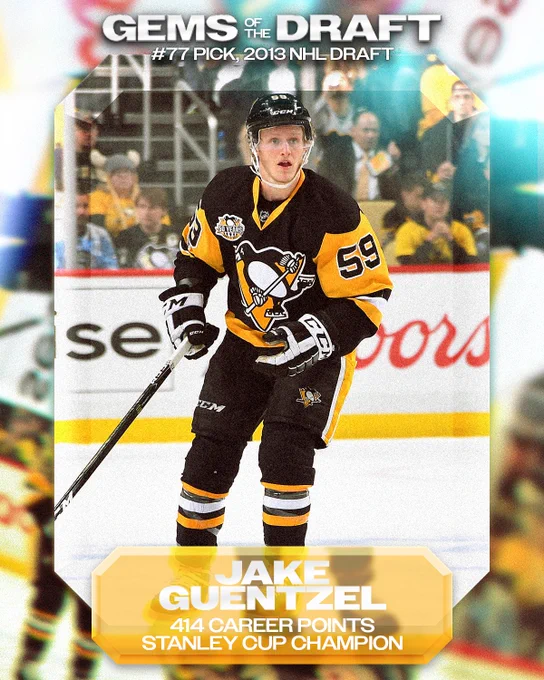 Top: In white text reading, "Gems of the Draft, #77 Pick, 2013 NHL Draft".

Middle: A photo of Jake Guentzel on the ice in a home Pittsburgh Penguins uniform in front of a blurred-out background with a yellow outline.

Bottom: In white text overtop of a yellow background shaped as a gem reading, "Jake Guentzel, 414 Career Points, Stanley Cup Champion".