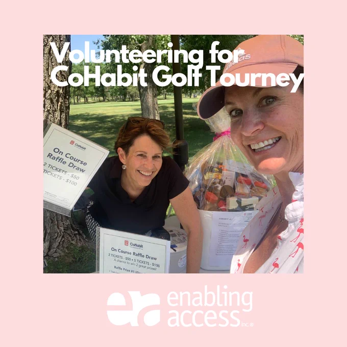 Enabling Access' CEO, Marnie Courage, smiling on a golf course and selling raffle tickets.