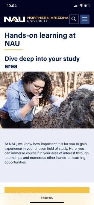 Screenshot of webpage professing Hands-on learning at NAU with a photo of Lexi looking at a rock through a hand lens.