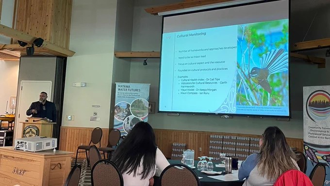 Keynote Speaker delivering a speech during a Water and Environment Gathering 2023 in Thunder Bay.